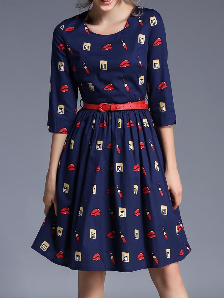 Shein Navy Rouge Print Belted A-line Dress