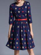 Shein Navy Rouge Print Belted A-line Dress