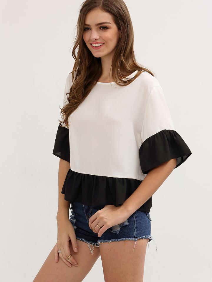 Shein Black And White Half Sleeve Ruffle Blouse