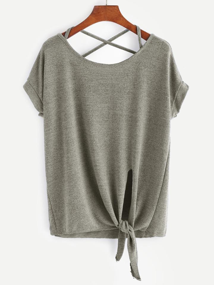 Shein Khaki Criss Cross Back Knotted Hem T-shirt