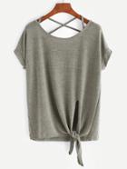 Shein Khaki Criss Cross Back Knotted Hem T-shirt