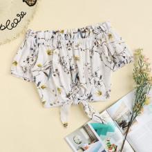 Shein Off Shoulder Frill Trim Knot Hem Floral Blouse