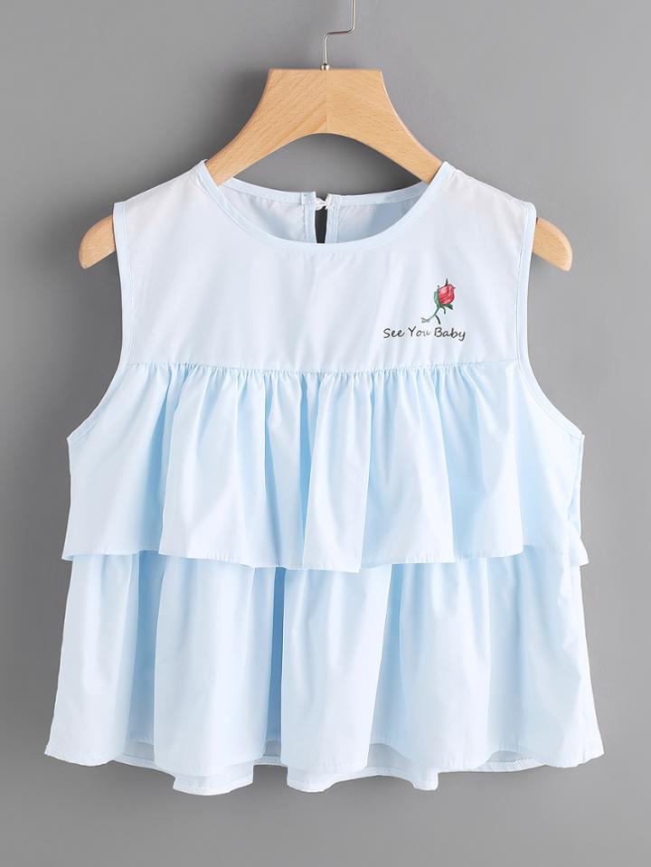 Shein Flounce Layered Rose And Slogan Print Top