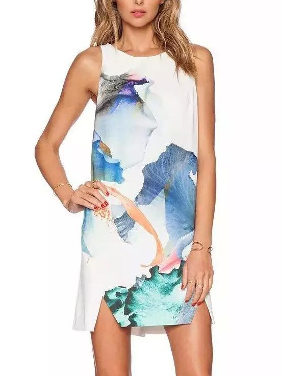 Shein Colour Round Neck Ink Print Split Dress