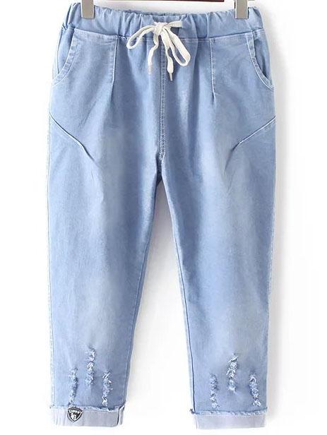 Shein Blue Elastic Tie Waist Ripped Hole Denim Pants