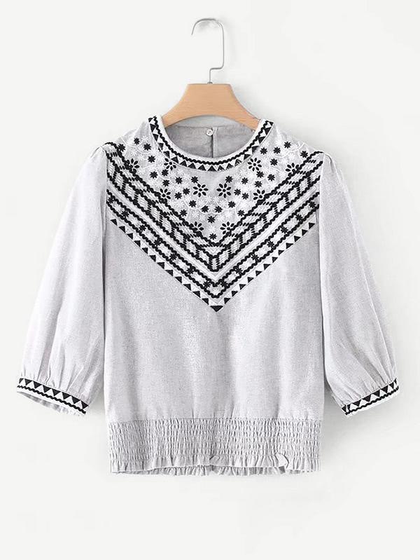 Shein Embroidery Shirred Hem Blouse