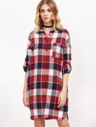 Shein Red Plaid Roll Sleeve Shirt Dress With Studded Pocket