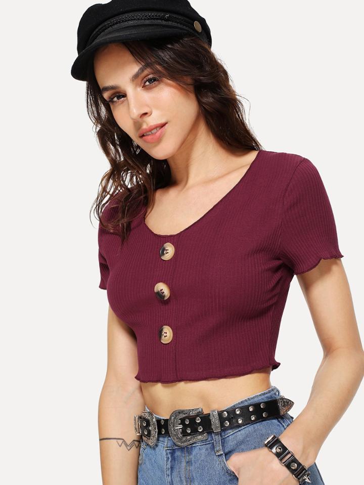 Shein Single Breasted Ribbed Knit Crop Tee