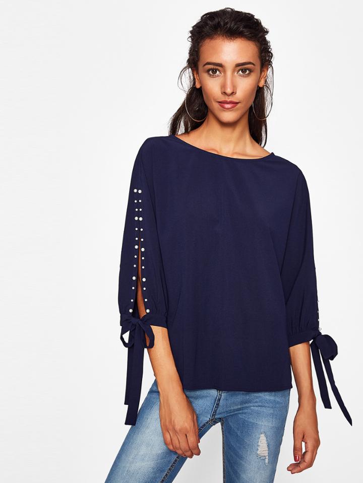 Shein Pearl Beading Bow Tied Split Sleeve Blouse