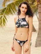 Shein Black Flower Print Lace Insert Racer Bikini Set