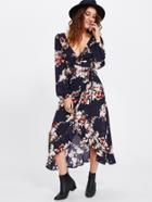 Shein Flower Print Wrap And Tie Detail Dress