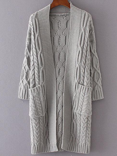 Shein Grey Drop Shoulder Pocket Cable Knit Long Cardigan