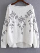 Shein White Embroidery Boat Neck High Low Sweater