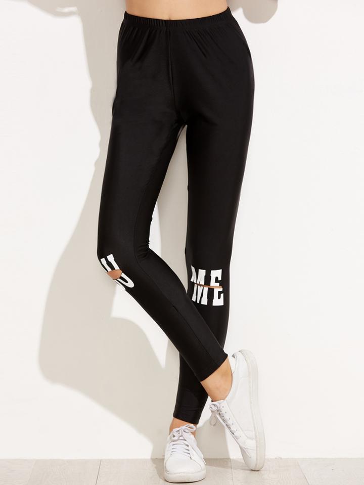 Shein Black Letter Print Knee Ripped Leggings