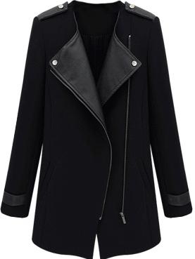 Shein Contrast Pu Leather Trims Oblique Zipper Coat
