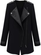 Shein Contrast Pu Leather Trims Oblique Zipper Coat