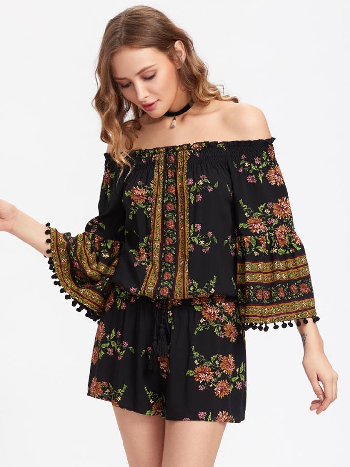 Shein Pompom Trim Trumpet Sleeve Shirred Bardot Romper
