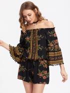 Shein Pompom Trim Trumpet Sleeve Shirred Bardot Romper