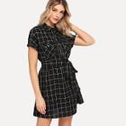 Shein Rolled Tab Sleeve Pocket Front Belted Grid Dress