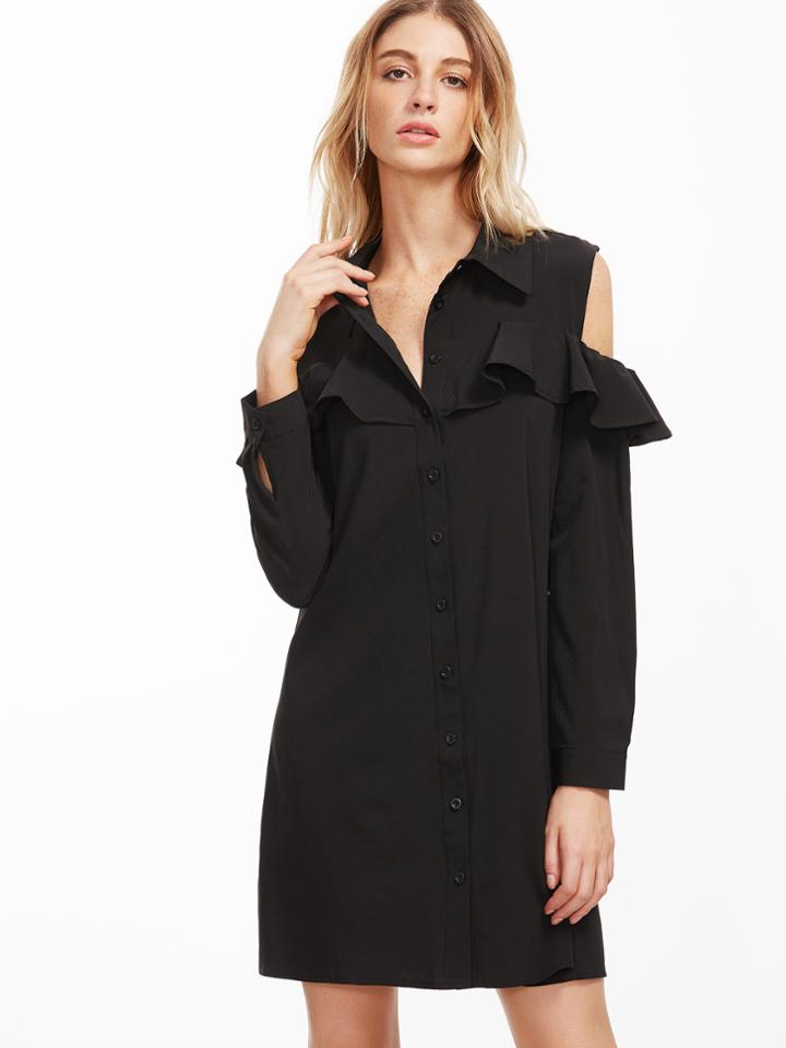 Shein Black Cut Out Shoulder Ruffle Trim Shirt Dress