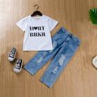 Shein Toddler Girls Letter Print Tee With Ripped Jeans