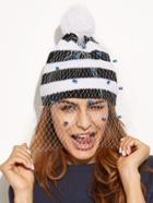 Shein Black And White Striped Mesh Pom Beanie Hat
