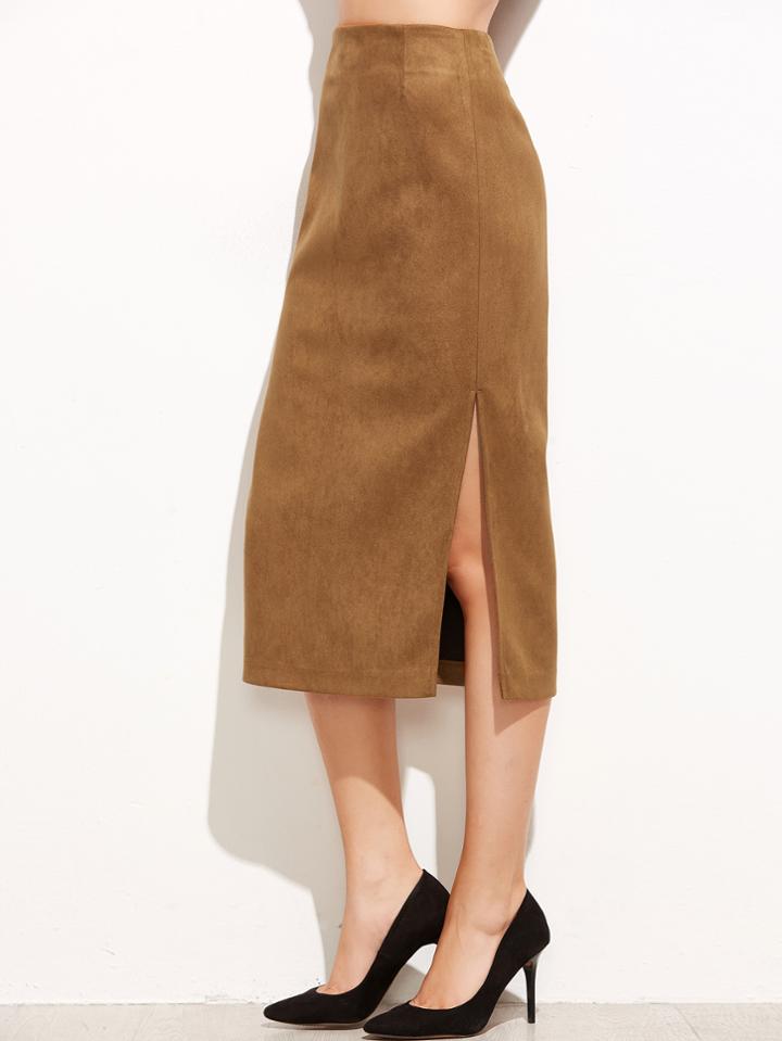 Shein Khaki Suede Split Side Skirt