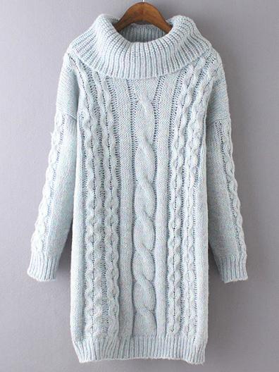 Shein Turquoise High Neck Cable Knit Long Sweater