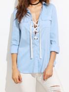 Shein Lace Up Front Dual Pockets Blouse