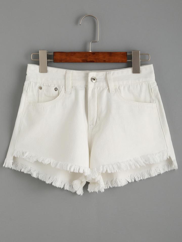 Shein White Pocket Fringe Hem Shorts