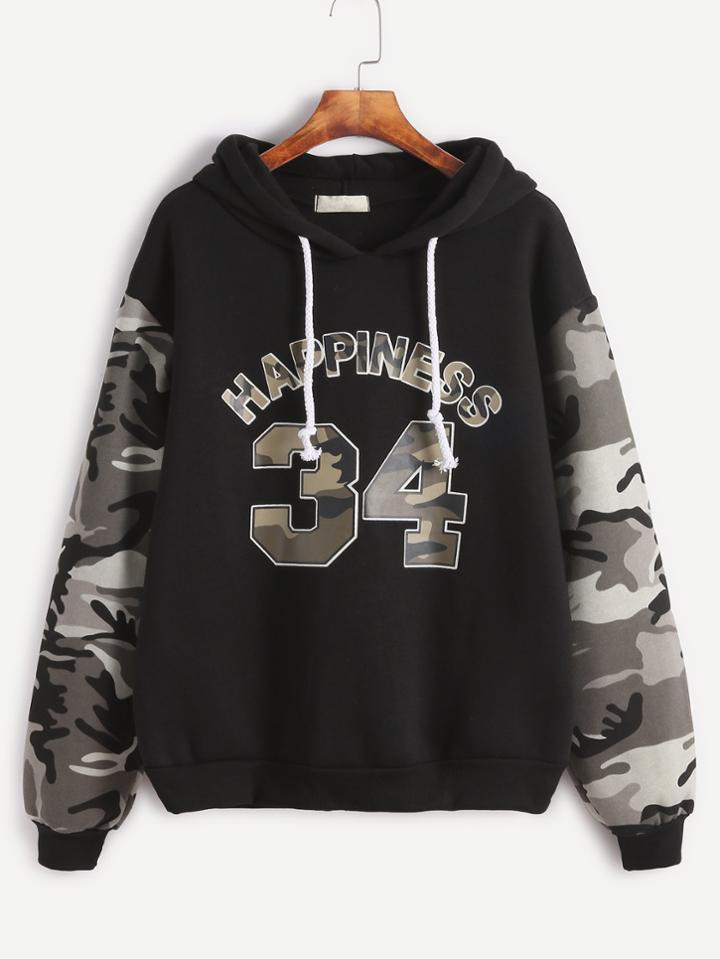 Shein Contrast Camo Sleeve Varsity Print Hooded Sweatshirt