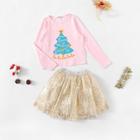 Shein Girls Christmas Tree Print Top & Skirt Set