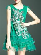 Shein Green Applique Pouf Sequined Ruffle Dress