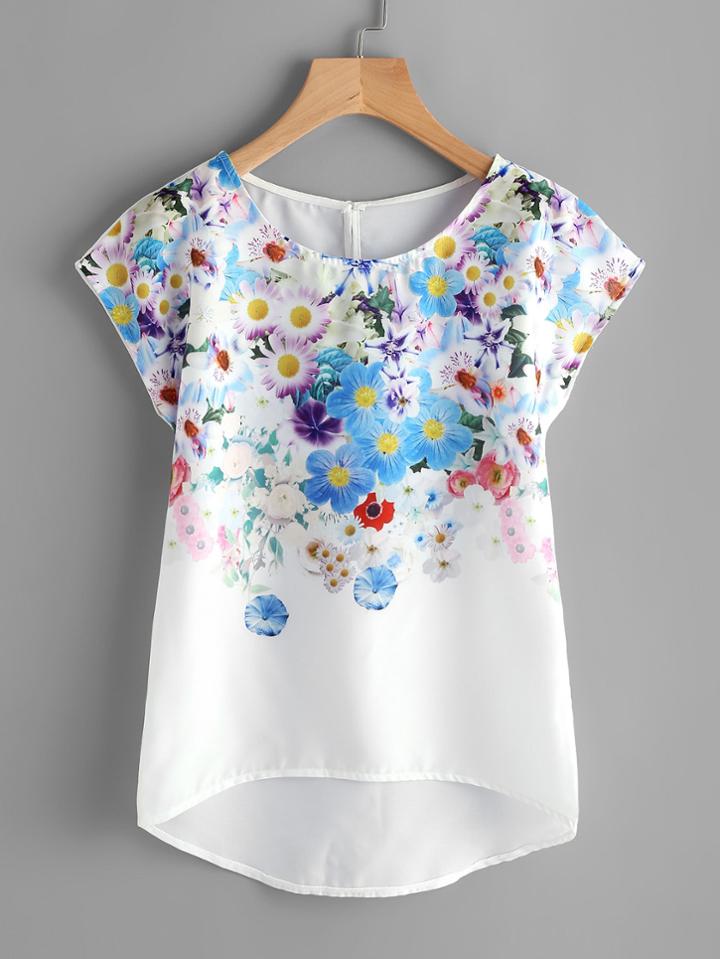 Shein Dolman Sleeve Dip Hem Florals Top