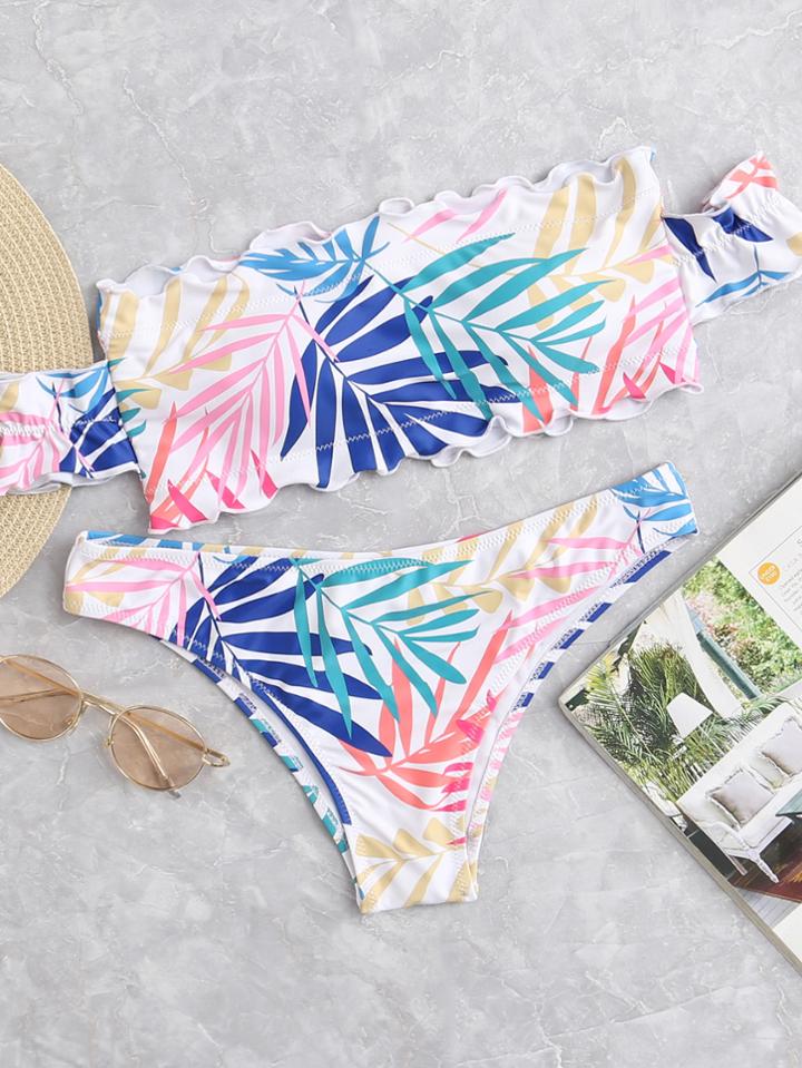 Shein Leaf Print Ruffle Hem Bikini Set