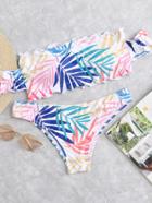 Shein Leaf Print Ruffle Hem Bikini Set