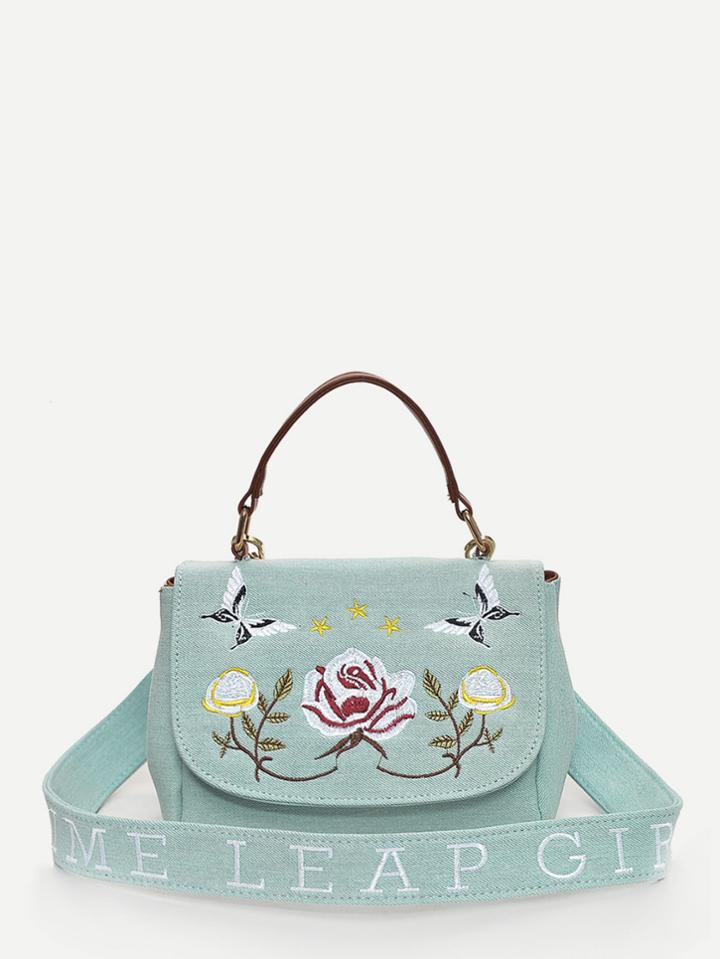 Shein Floral Embroidered Denim Shoulder Bag