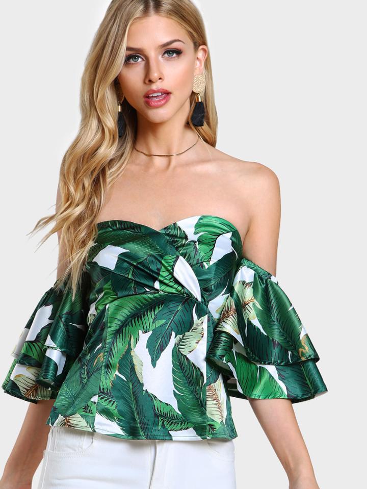 Shein Foliage Print Layered Sleeve Smocked Sweetheart Top