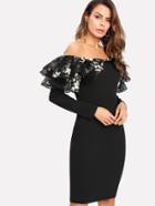 Shein Embroidered Mesh Trim Vented Back Dress