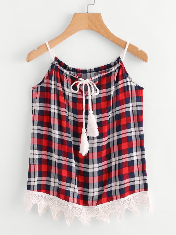 Shein Contrast Lace Hem Plaid Tassel Tie Cami Top