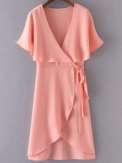 Shein Pink Deep V Neck Cape Sleeve Wrap Dress