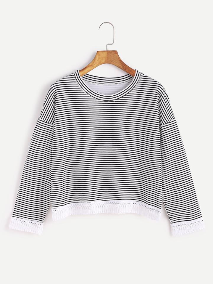 Shein Contrast Lace Drop Shoulder Striped T-shirt