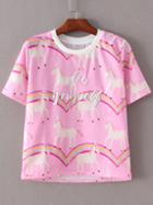 Shein Multicolor Letters Embroidery Unicorn Print T-shirt