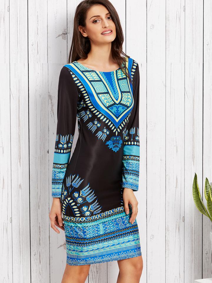 Shein Black Tribal Print Sheath Dress