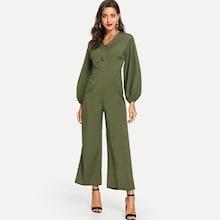 Shein Button Detail Lantern Sleeve Wide Leg Jumpsuit