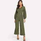 Shein Button Detail Lantern Sleeve Wide Leg Jumpsuit