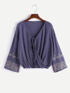 Shein Navy V Neck Embroidered Wrap Blouse