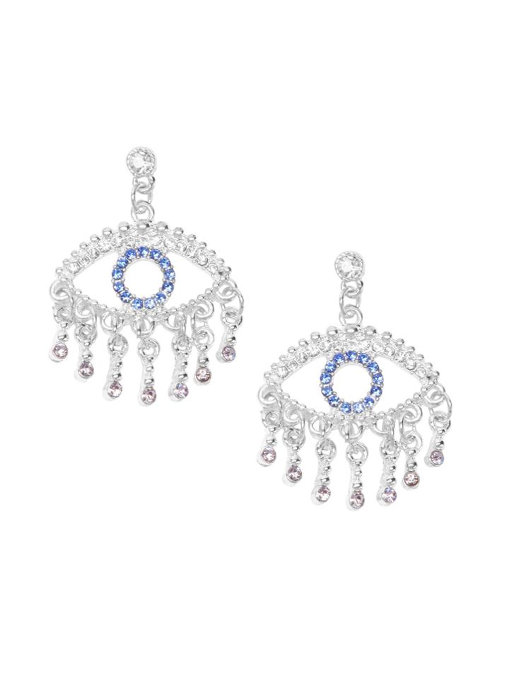 Shein Silver Tone Eye Design Rhinestone Trim Drop Earrings