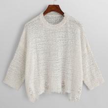 Shein Plus Drop Shoulder Distressed Hem Boucle Knit Sweater