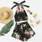 Shein Shirred Detail Crop Floral Top & Ruffle Shorts Set